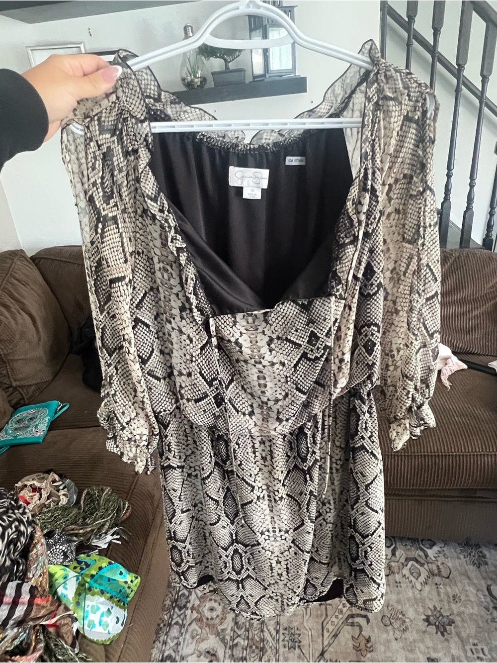 Jessica Simpson Snake Print Long Sleeve Dress in Black and Cream